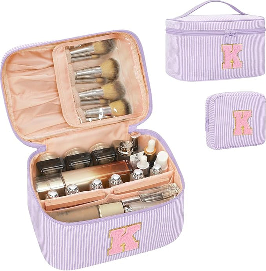 MONSTINA Initial Makeup Bag with Brush Holder for Women,Make Up Case for Girlfriend Bridesmaid Wife|Personalized Birthday Gift for Her Cute Toiletry Bag,2PCS,Purple K