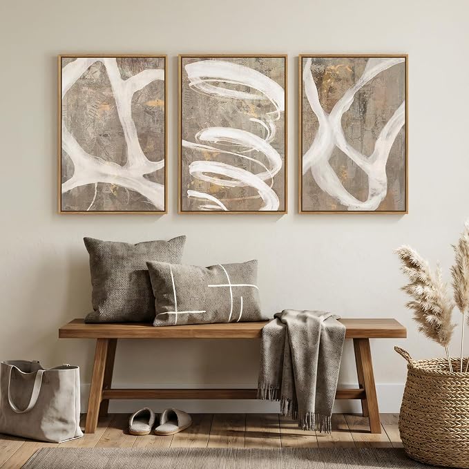Framed Neutral Abstract Wall Art for Bedroom, 3 Piece Modern Canvas Prints Paintings Artwork for Walls, Minimalist Beige White Taupe Pictures for Living Room Dining Hallway Office Wall Decor 16x24 In