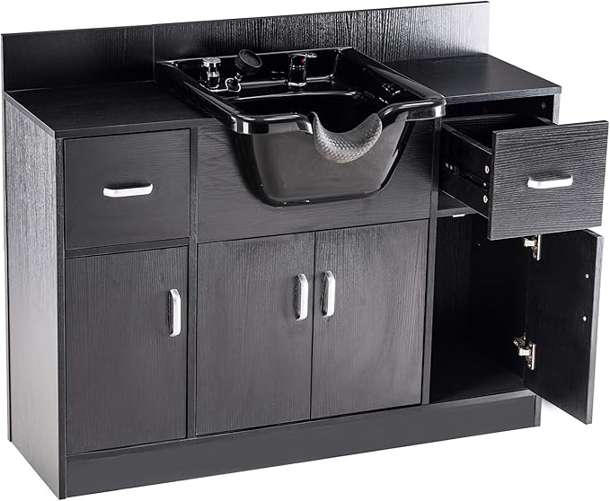 BarberPub Multi-Functional Shampoo Backwash Sink Station with Shampoo Bowl for Hair Stylist, Salon Spa Beauty Cabinet with Faucet Sprayer, Barber Storage Equipment 45.3" x 14.1'' x 36.4" 7139