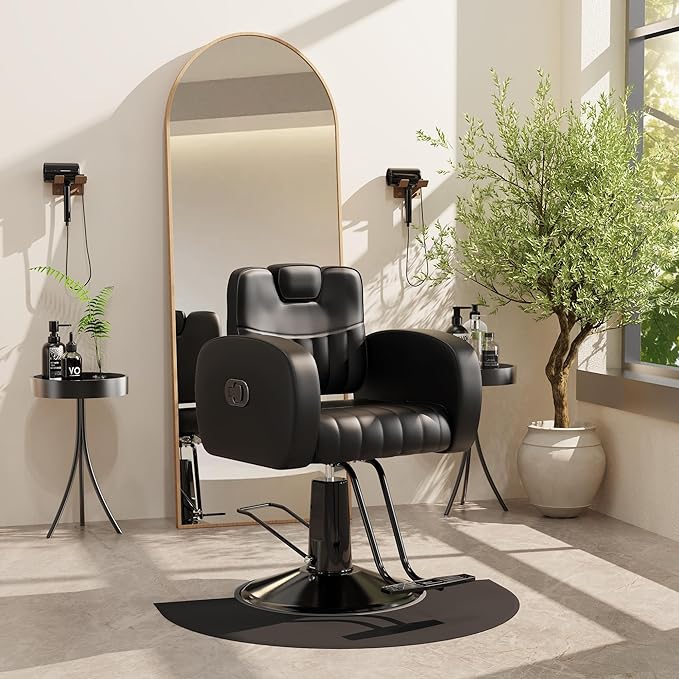 Baasha Ergonomic All Black Salon Chair with Comfortable Thickened Cushions, Heavy Duty Reclining Stylist Chair for Hair braiding, Extensions, Tattooing, Weight Capacity 440 lbs