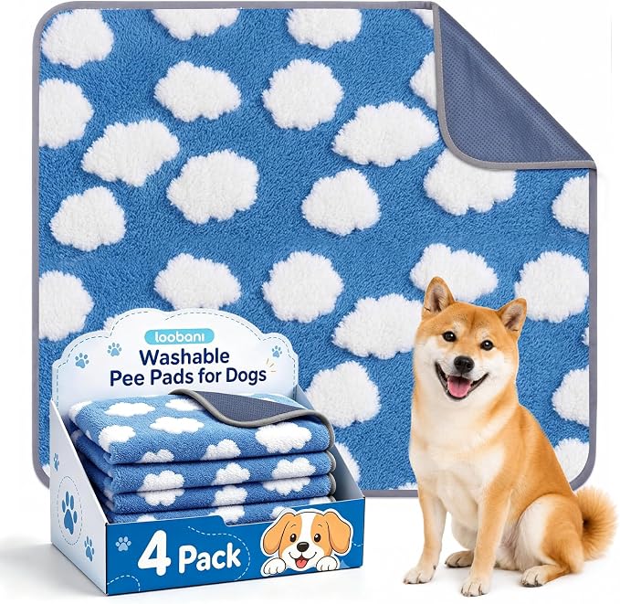 LOOBANI 4 Pack Washable Pee Pads for Dogs, Floor, 30"x34",Blue | Fast Absorbent Reusable Dog Mat, Non-Slip & Waterproof Pet Whelping Pads For Puppy Playpen, Whelping Box, Potty Training