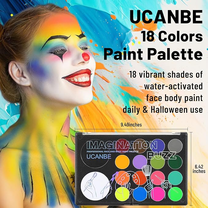 UCANBE Face Body Paint 18 Colors, Water Based Face Painting Kit with Large White Black & Neon Glow UV Facepaint SFX Makeup Palette for Halloween Party Costume Cosplay & Stage Make Up