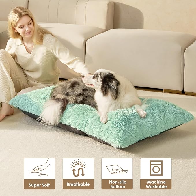EHEYCIGA Fluffy Dog Crate Bed, Plush XX Large Dog Pillow, Apple Green | Xlarge Calming Anti Anxiety Plush Faux Fur Mat for Large size dogs, Washable Soft Warm Dog Pad with Non-Slip Bottom