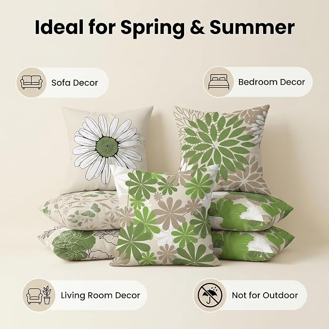 COMMINY Sage Green Linen Pillow Covers 18x18 Set 6 Farmhouse Throw Cover | Spring Summer flower, decorative Daisy Dhalia, Breathable Linen,Standard Throw Pillow Size, Bedroom Accent Couch Sofa