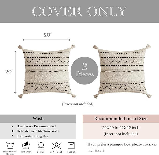 Decorative Throw Pillow Covers 20x20 Combo Set of 2 Square Boho Black Neutral Accent Pillowcase Tassels Farmhouse Cushion for Couch Sofa Bedroom Living Room Home Décor Cover ONLY