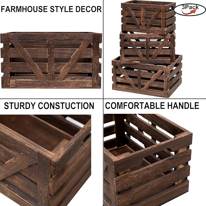 Nested Wooden Storage Crates Set of 3 (L,M,S),Rustic Wood Crate for Storage | Farmhouse Handmade Decorative Boxes with Handles for Home Organization & Display