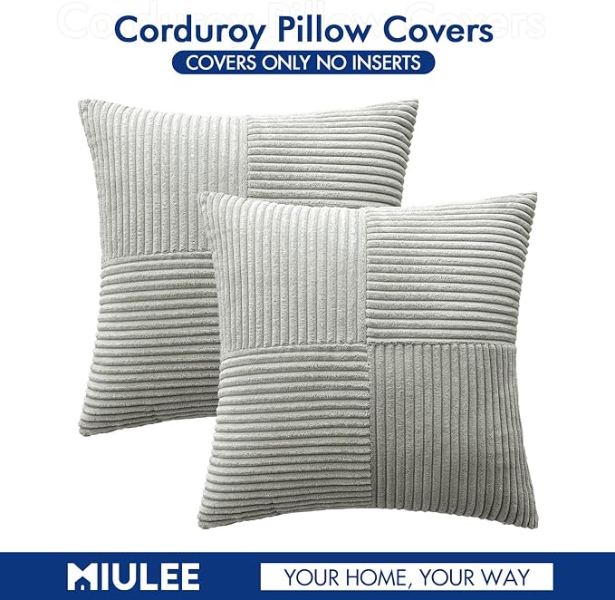 MIULEE Silver Grey Decorative Throw Pillow Covers 16x16 Inch for Couch Bed Sofa Pack of 2 Boho Farmhouse Throw Pillows Soft Cross Corduroy Patchwork Textured Cushion Cases