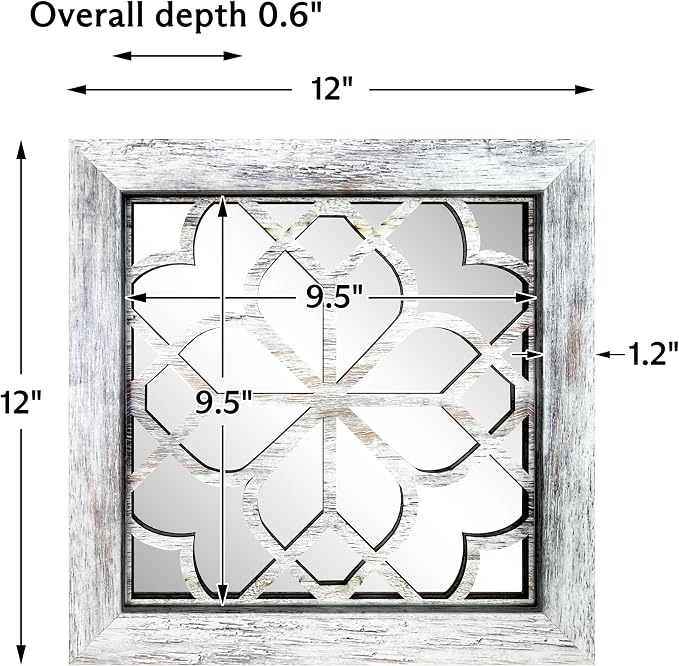 Boho Wall Mirror Decor, Set of 2 Rustic Farmhouse Accent Mirrors 12x12 Inch, Square Acrylic Shatterproof Vintage Style Mirror for Wall, Small Decorative Mirrors for Living Room, Bedroom, Grey