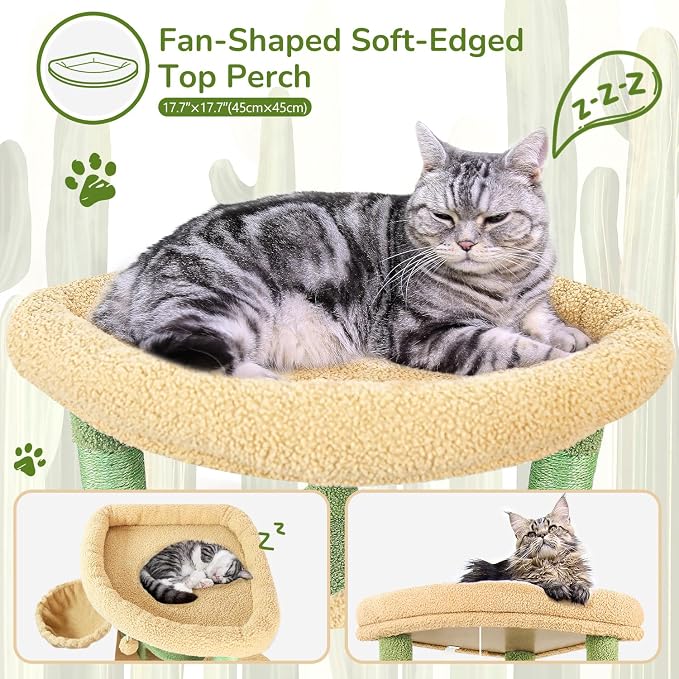 Globlazer Cactus Corner Cat Tree Tower with Scratching Post, C51, Green | 51in Space-Saving Multi-Level Green Cat Condo for Indoor Cats with Hammock, Large Top Perch for Large Cats, Cozy Cat Cave