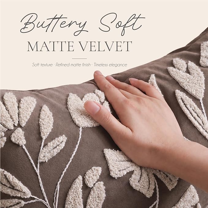 Decorative Throw Pillow Cover 20x20 Inch, Taupe Brown Floral Tufted Velvet Accent Pillow Case for Sofa Bed Living Room, Cover Only
