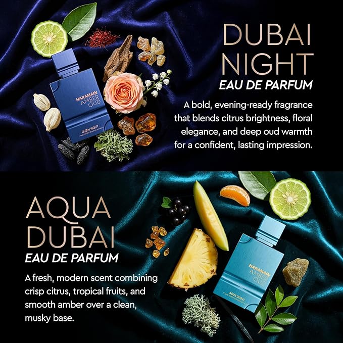Al Haramain Amber Oud Eau de Parfum 4PC 10ML Each Mini Perfume Set for Women & Men – Cologne Gift Set, Unisex Arabian Perfume Sampler with Gold & Ruby Edition, Dubai Night and Aqua Dubai Fragrances