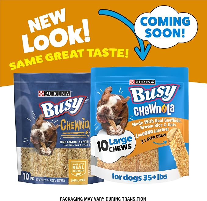 Purina Busy Chewnola Small/Medium Dog Bones, Oats & Brown Rice, 10 ct Pouch | Three-layer dog treat made with wholesome grains and a real beefhide center, long-lasting chew that helps clean teeth