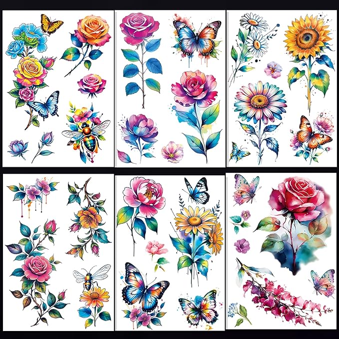 Tazimi 3D Large Watercolor Flower Temporary Tattoos For Women Watercolor Roses Flower Butterfly Sunflower Daisy Tattoos Sticker Girls Adults Waterproof Realistic Arm Body Colourful Tattoos