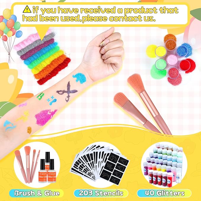 250-Piece No-Mess Temporary Glitter Tattoo Kit for Kids, 203 Unique Stencils,3 Glue,4 Brushes,boys girls adults Glitter tattoos Kids make up Kit, Gifts for Girls 6-12, Boys Birthday Party halloween