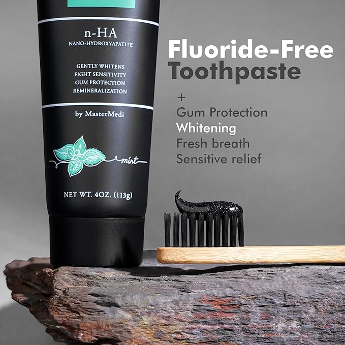 MasterMedi Nano Hydroxyapatite Whitening Toothpaste with Xylitol, Charcoal & Spearmint – Fluoride & SLS Free, Remineralizing Formula for Sensitive Teeth, Enamel Repair, 4 oz (Pack of 2)