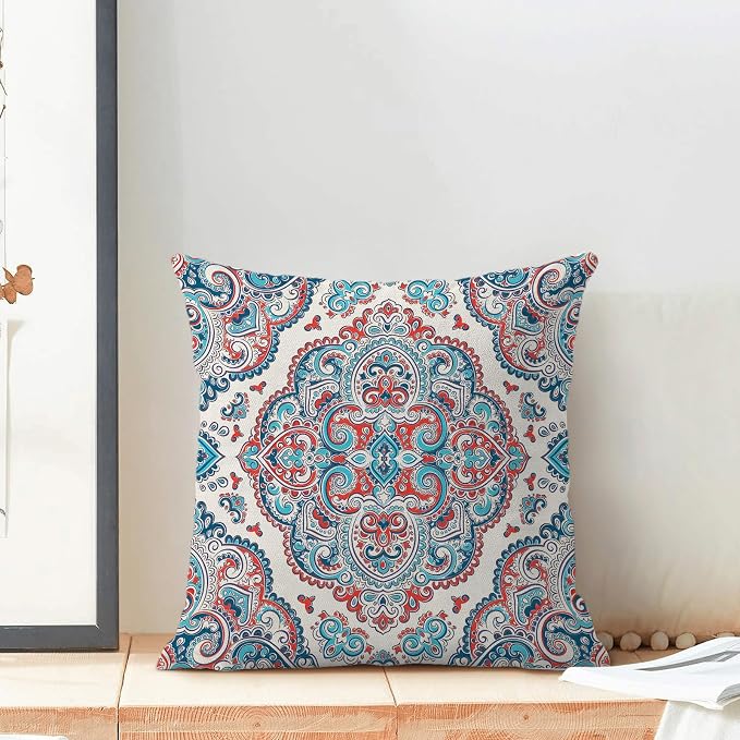 Aqua Teal Boho Pillow Covers 18x18 Inch Set of 2,Burnt Orange Carpet Pattern Throw Pillows Case,Ethnic Design Retro Outdoor Decorative Square Linen Farmhouse Decor Cushion Covers for Sofa Couch