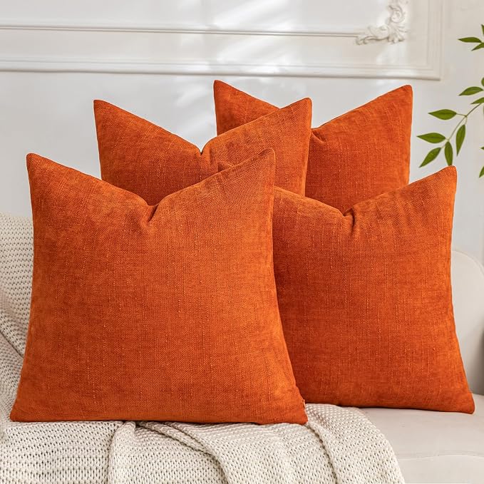 Set of 4 Soft Textured Decorative Throw Pillow Covers 26x26 Inch Cozy Farmhouse Cushion Cover Square Accent Pillow Cases for Bed Couch Sofa Living Room, Burnt Orange