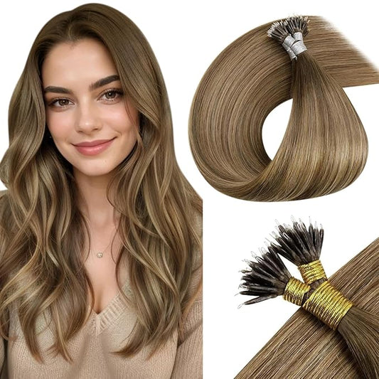 LaaVoo Nano Bead Hair Extensions Human Hair Balayage Nano Ring Hair Extension Light Brown Mix Dark Golden Blonde Nano Extensions Human Hair 22 Inch 50s 50g