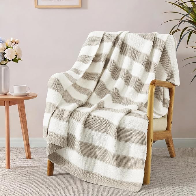 Soft Throw Blanket for Couch-Cozy Reversible Knitted Blankets | Lightweight Warm Fluffy Decor for Women, Mom, Her & Girls, Sofa, Chair, Bed, 50x70in, Feather Yarn Khaki