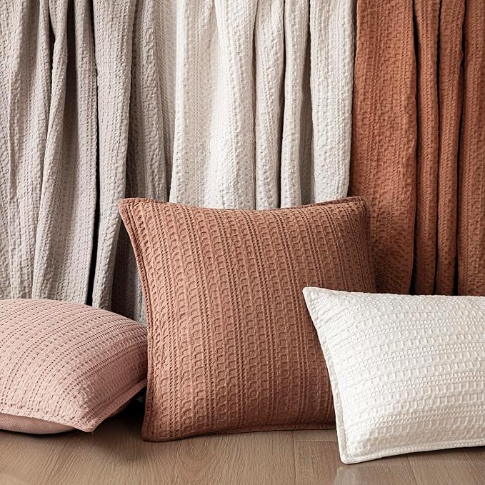 Foindtower Set of 2 Decorative Cotton Waffle Weave Throw Pillow Covers Euro Shams Cushion Covers Accent European Pillowcase for Bed Couch Sofa Bedroom Living Room Home Decor 20×20 Inch Coral Pink