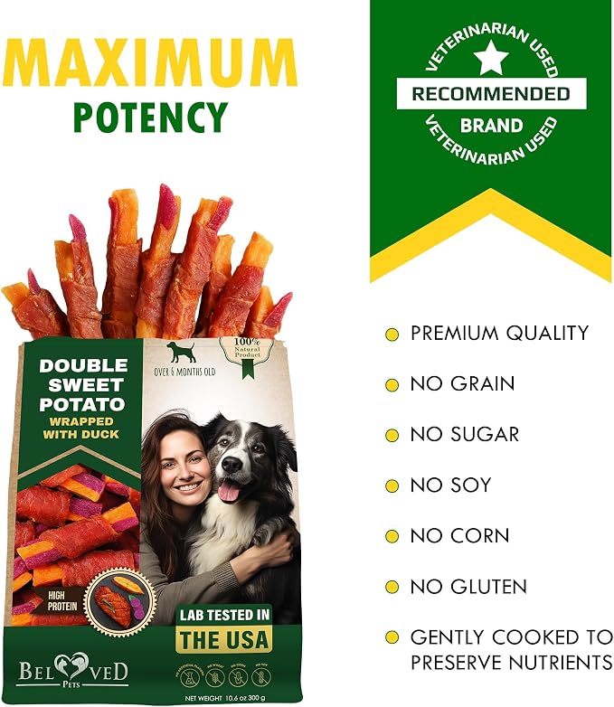 Beloved Pets Sweet Potato Dog Treats & Chicken Jerky Wraps 1.5 Pound - Dog Food & High Protein Soft Chews for Large, Medium & Small Breeds Double Sweet Potato Wrapped Duck