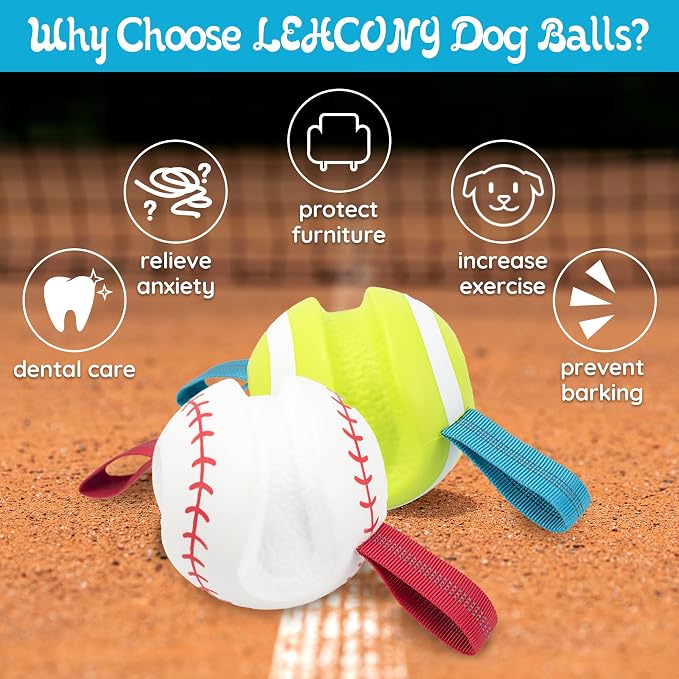 LECHONG Dog Balls with Straps for Tugging 2 Pcs, Interactive Dog Toys, Puppy Toys to Keep Them Busy, High Bouncy Balls for Dogs, Tennis Ball Base Ball Toys