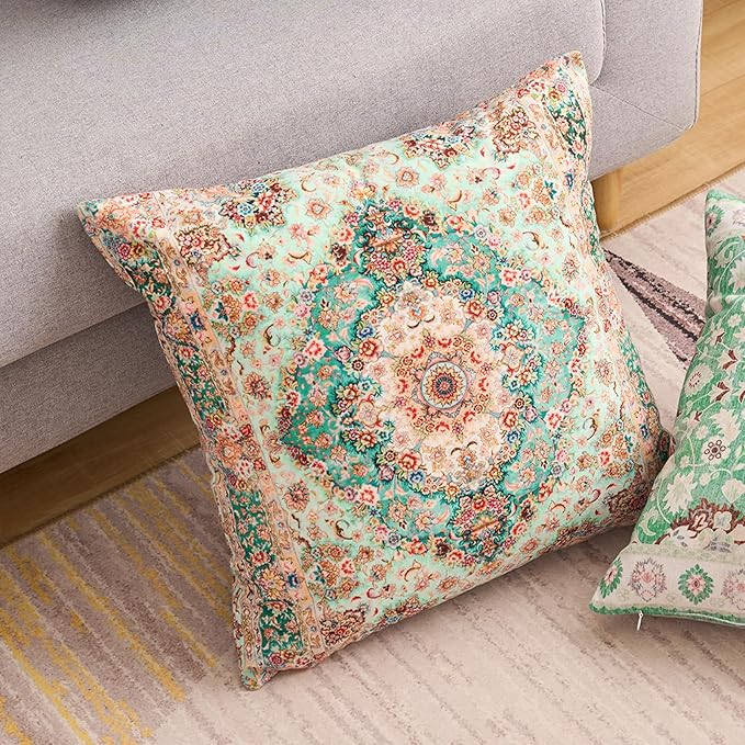 Boho Floral Throw Pillow Covers 16x16 inch Set of 2,Green Boho Rug Geometric Floral Pattern Decor Double Sided Pattern Cushion Cover Soft Pillow Case Living Sofa Room Bed Square Pillow Cover