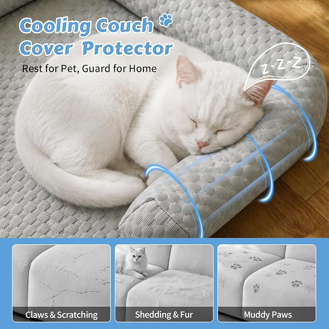 Cooling Pet Bed Mats with Neck & Head Support, 31.5 x 23.62 inch Grey | for Small and Medium Dogs & Cats, Non-Slip, Machine Washable, Protects Sofa from Fur & Scratches