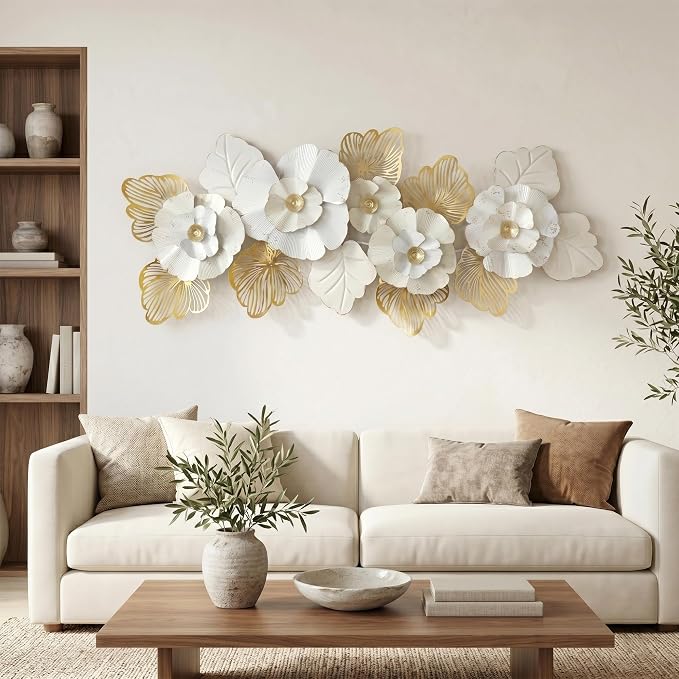 Axioglo 59" Large Wall Decor,3D Floral Metal Wall Art for Living Room | 59" x 27" metal wall decor with layered metal texture, mounting hardware, two-way display
