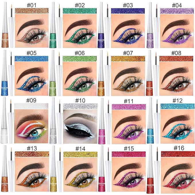 BONNIE CHOICE 16 Colors Glitter Eyeliner Liquid Set, Metallic Glitter Liquid Eyeshadow, Waterproof Long Lasting White Silver Rose Gold Pink Colorful Rainbow Eyeliners Valentine's Day Gifts for Women