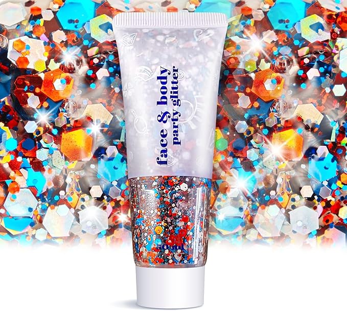 Body Face Glitter Makeup - Christmas Face Glitter Kids Stocking Stuffers, Sparkly Chunky Hair Glitters, Mermaid Birthday Decorations Rave Outfits for Kids (Fourth of July Body Glitter)
