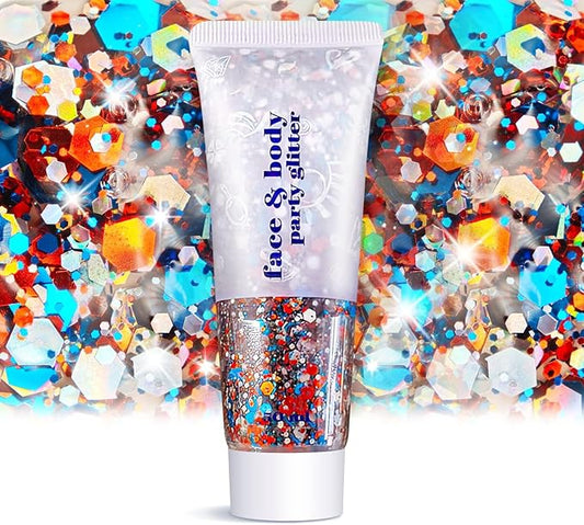 Body Face Glitter Makeup - Christmas Face Glitter Kids Stocking Stuffers, Sparkly Chunky Hair Glitters, Mermaid Birthday Decorations Rave Outfits for Kids (Fourth of July Body Glitter)