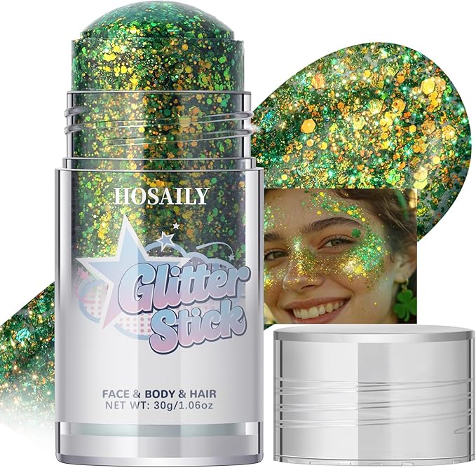 Chameleon Green Body Glitter Stick, Holographic St Patricks Day Accessories Face Hair Glitter Stick Rave Outfits, Shimmer Face Paint Singer Concert Festival Party Christmas Makeup, 1.06 OZ