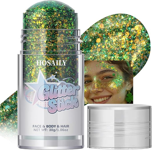 Chameleon Green Body Glitter Stick, Holographic St Patricks Day Accessories Face Hair Glitter Stick Rave Outfits, Shimmer Face Paint Singer Concert Festival Party Christmas Makeup, 1.06 OZ