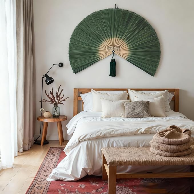 ChumDecor Bamboo Fan Wall Decor,Japanese Chinese Wall Fans,Large Bamboo Fan Wall Art for Boho Hanging Headboard, Decorative Folding Fans (Dark Moss Green 60inch)