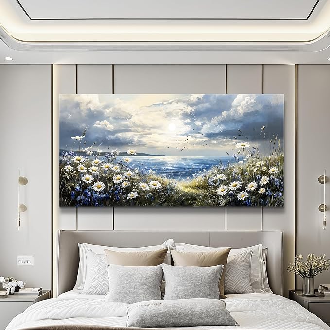 KELIYUAN Large Canvas Wall Art For Living Room Bedroom Wall Decor Home Office Blue Mediterranean Garden Landscape Painting Room Bathroom Dining Room Prints Artwork Picture Wall Decoration 20x40 In