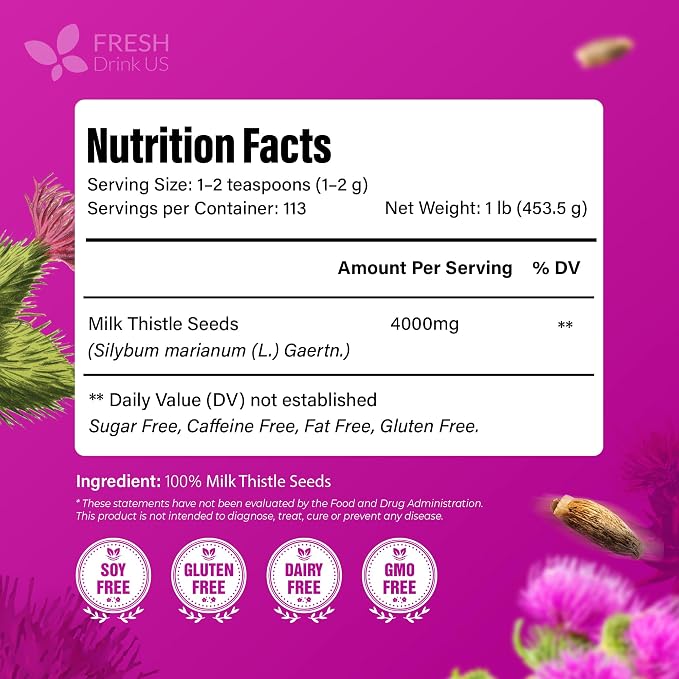 FreshDrinkUS, Premium 16oz Milk Thistle Seeds, 100% Natural & Pure, Herbal Tea, Daily Infusion Botanical, No Sugar, No Caffeine, No Gluten, Vegan. Rich in Antioxidants