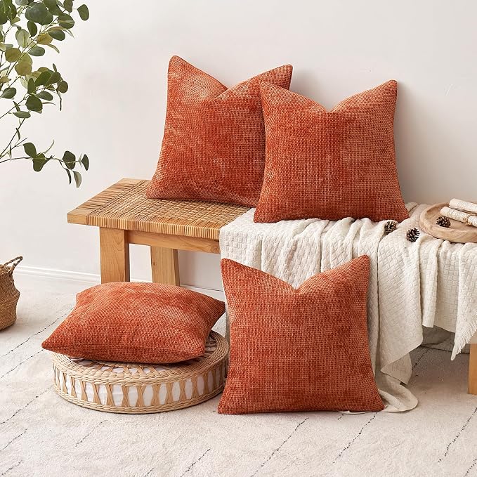 MIULEE Decorative Chenille Fall Pillow Covers Burnt Orange 20x20 Pack of 4 | Fall Home Decor, All Same Color Set, Couch Throw Pillows, Farmhouse Boho Cushion Covers for Sofa Bed Living Room