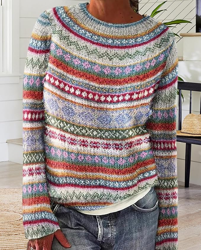 Zhyaj Fair Isle Sweater for Womens Winter Long Sleeve Vintage Knitted Sweater Casual Fall Crew Neck Pullover Sweaters