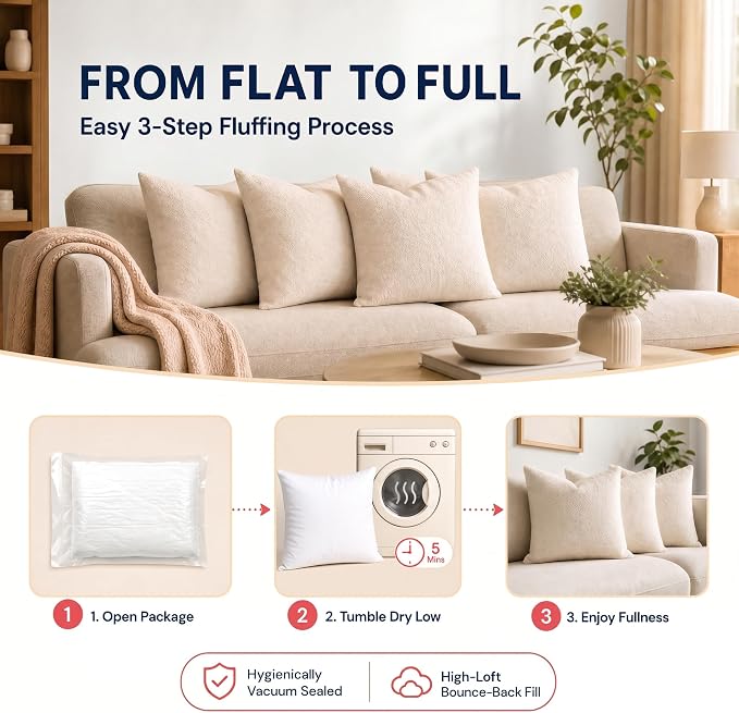 Foamily 12x12 Throw Pillow Inserts, Set of 2, 100% Cotton Cover, White | Cotton cover, plush down-alternative fill, machine washable Fits 12x12 covers Couch, sofa, bed, nursery décor