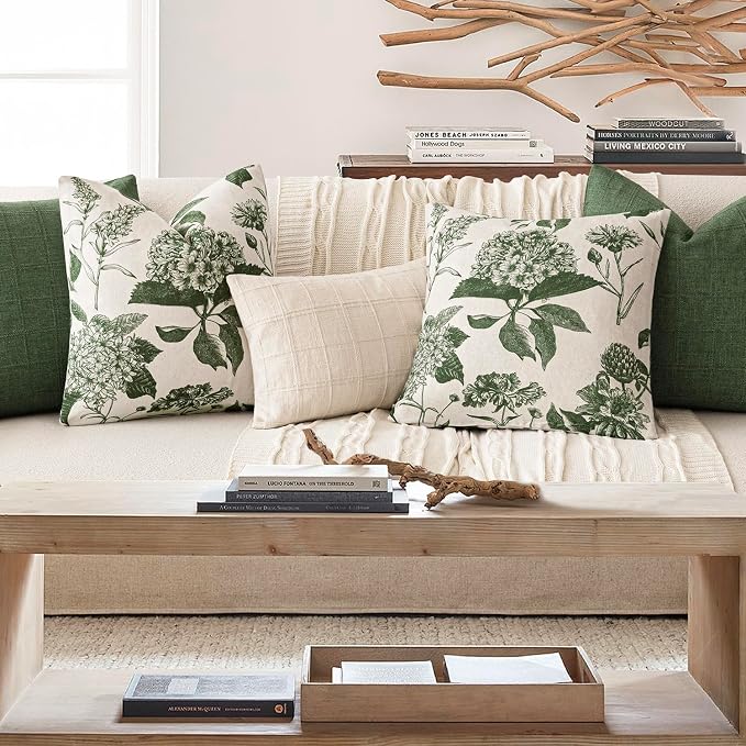 Foindtower Set of 2 Linen Floral Throw Pillow Covers Neutral Vintage Print Decorative Cozy Cushion Covers Farmhouse Boho Home Decor for Sofa Chair Couch Bedroom Living Room,18×18 Inch,Dark Green