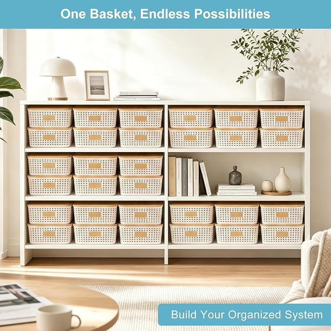 4 Pack Plastic Storage Bins with Bamboo Lids, 6.2qt Stackable Storage Organizer Box with Lable for Pantry Shelves Drawers Desktop Office, 12"L x 8.3"W x 3.5"H, Cream White