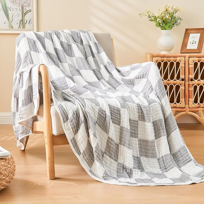 EMME Cooling Muslin Twin Blanket - Checkered Lightweight Summer Cotton Blankets of Rayon Derived from Bamboo for Hot Sleepers, Soft Breathable All Season Gauze