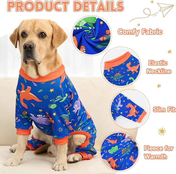 XPUDAC 2 Pack Dog Pajamas for Large Sized Dog, 4-Way Stretch Soft Dog Onesie Lightweight Warm Pet Clothes Jammies for Large Breeds Dinosaur Print, 4XL
