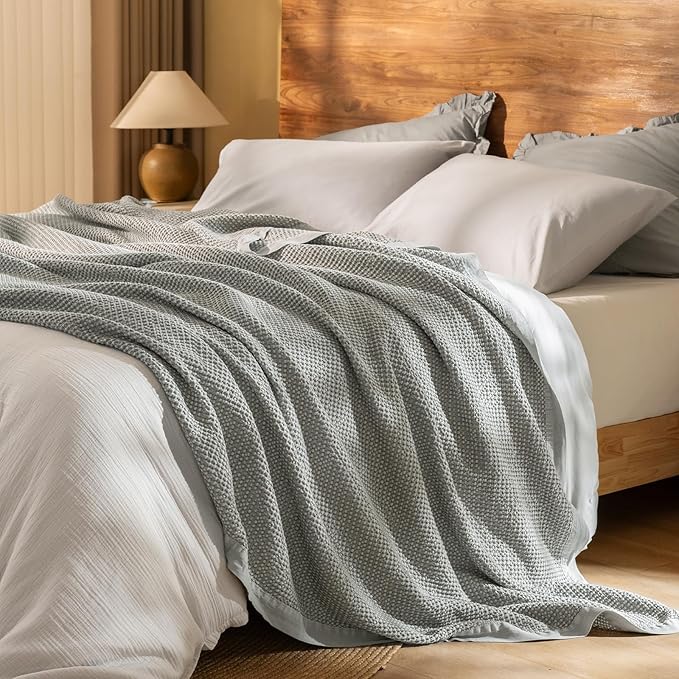 PHF Stone Washed 100% Cotton Waffle Blanket, Vintage Deep Honeycomb Texture, Breathable Thermal Blanket for Bed & Home Decor, All Season Layering - Queen, Frosted Grey