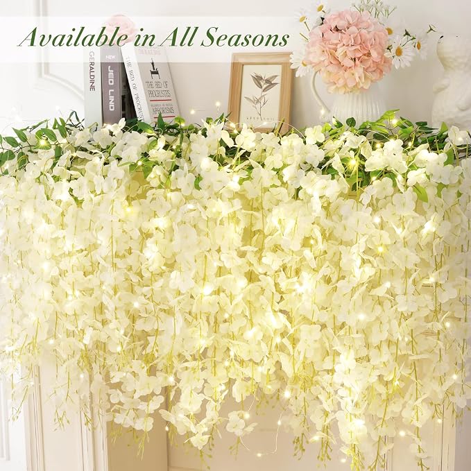 60 Pack White Wisteria Hanging Flowers, Fake Hanging Flowers for Decoration, Artificial Hanging Flowers, Vines for Bedroom, Flower Garland for Home, Party, Garden, Wall, Wedding Decoration(3.6 Ft/Pcs)