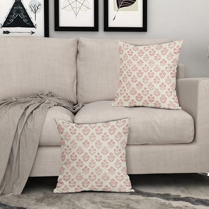 Pink Floral Block Print Pillow Covers 20x20 Inch Set of 2, Vintage Flower Decorative Throw Pillowcases for Home, Bedroom, Living Room, Porch, Office