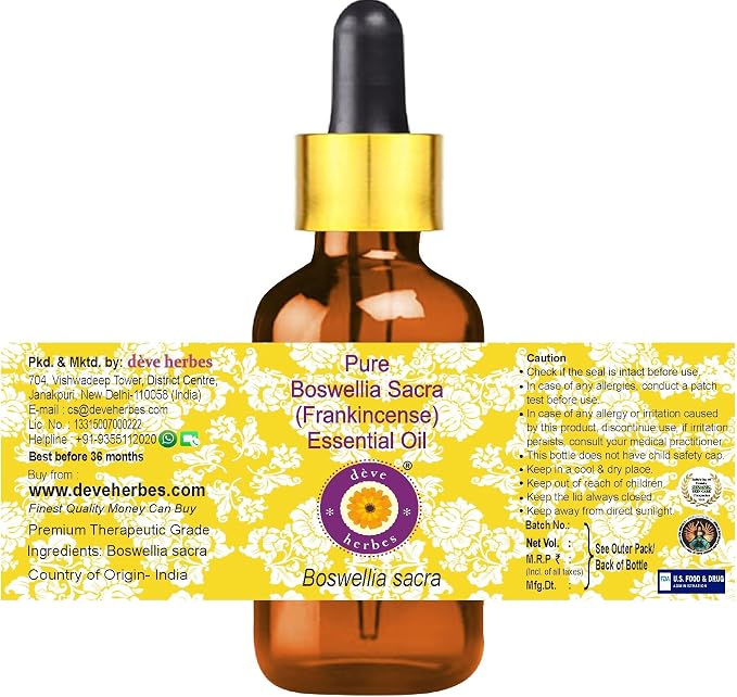 Deve Herbes Pure Boswellia Sacra (Frankincense) Essential Oil (Boswellia Sacra) with Glass Dropper Steam Distilled 50ml (1.69 oz)