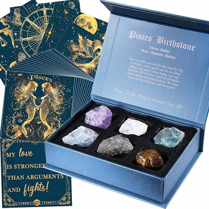 Faivykyd Pisces Crystals Gift, 6 Pisces Zodiac Natural Stones w/ 50 Miracle Mantras Affirmation Cards, Unique Healing Gift for Women Promoting Positive Energy, Self-Care, & Love