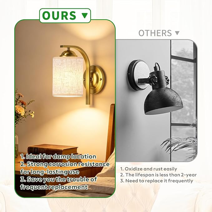 Wall Sconces Lights Lamp for Bedroom Bathroom, Modern Vanity Light Fixtures, Gold Farmhouse Wall Mount Lighting Lanterns with Fabric Shade for Living Room Mirror Hallway Kitchen